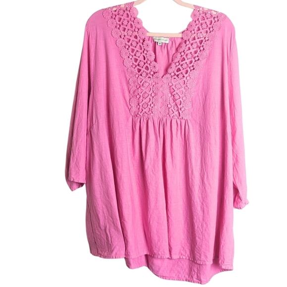 Adrienne Vittadini Tunic Blouse Women 3X Linen Rayon 3/4 Sleeve Lace Det… - Picture 1 of 8